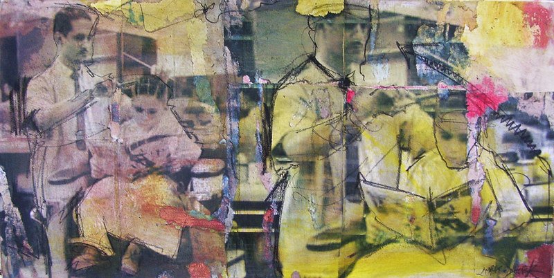 Barbiere, quadro in tecnica mista Andres Hunger, pittore contemporaneo delle Marche