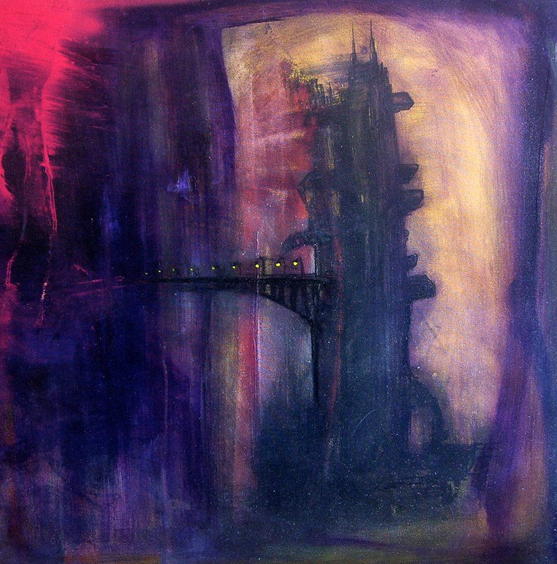 La città sospesa, quadro di Andres Hunger, artista contemporaneo marchigiano — tecnica mista su tela